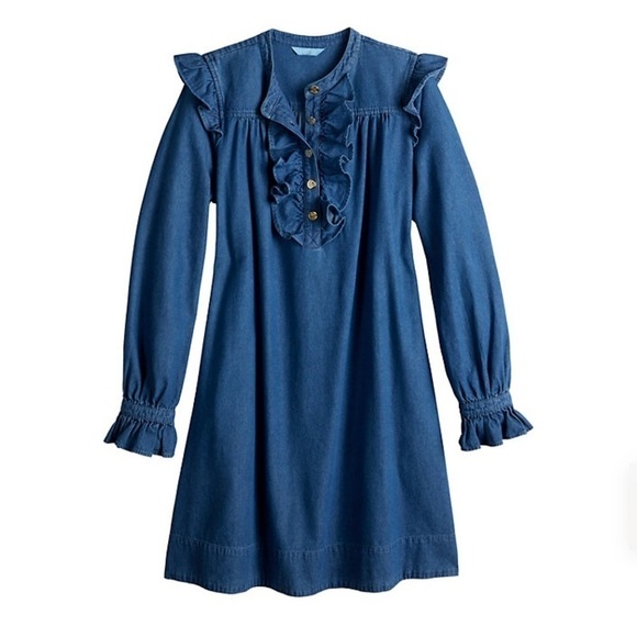 Draper James RSVP New Size L Jean Ruffle Long Sleeves Mini Dress Medium Wash - Picture 3 of 10